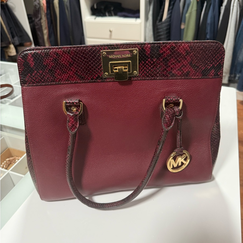 Michael Kors Burgundy And Snake Print Satchel